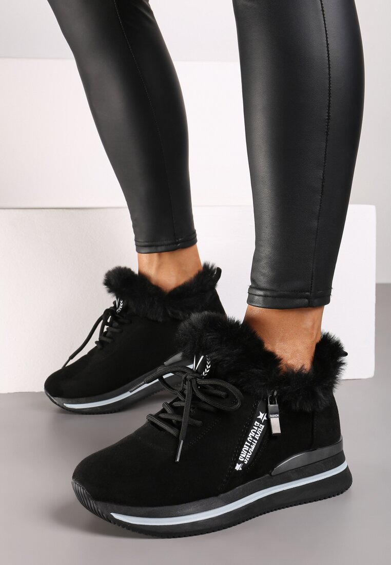 Adidași Negre cu Talpă Plată cu Inscripție și Blană Taricea