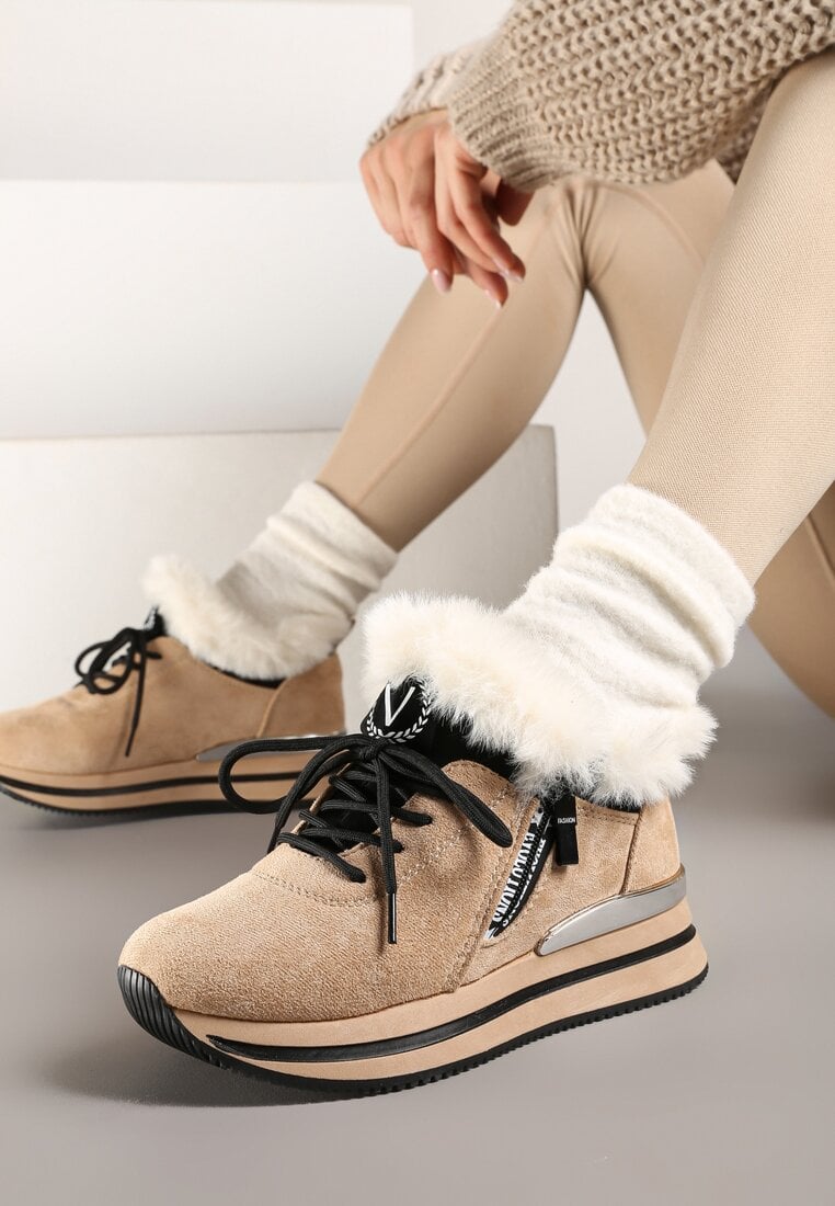 Sneakers Bej pe Talpă Plată cu Inscriție și Blană Taricea
