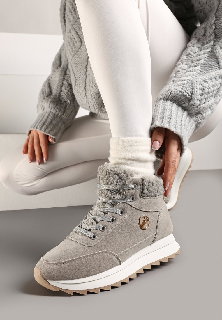 Adidași Gri pe Platformă cu Blană și Aplicație Strălucitoare Irithnae