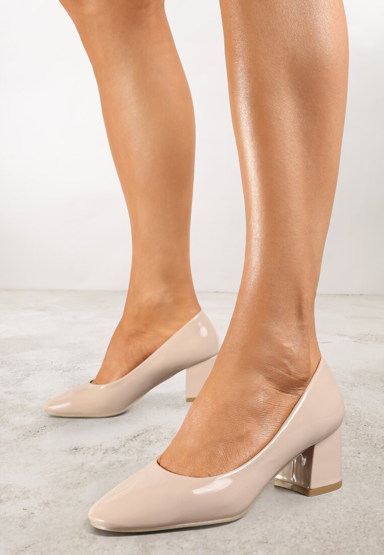 Pantofi cu toc Bej Vices Lăcuiți cu toc gros cu Branț din Piele Naturală Tinaselle
