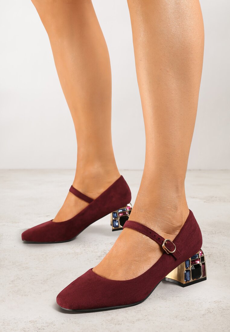 Pantofi cu toc Bordo Vices cu aplicație bijuterie și cataramă și branț din piele Aletan