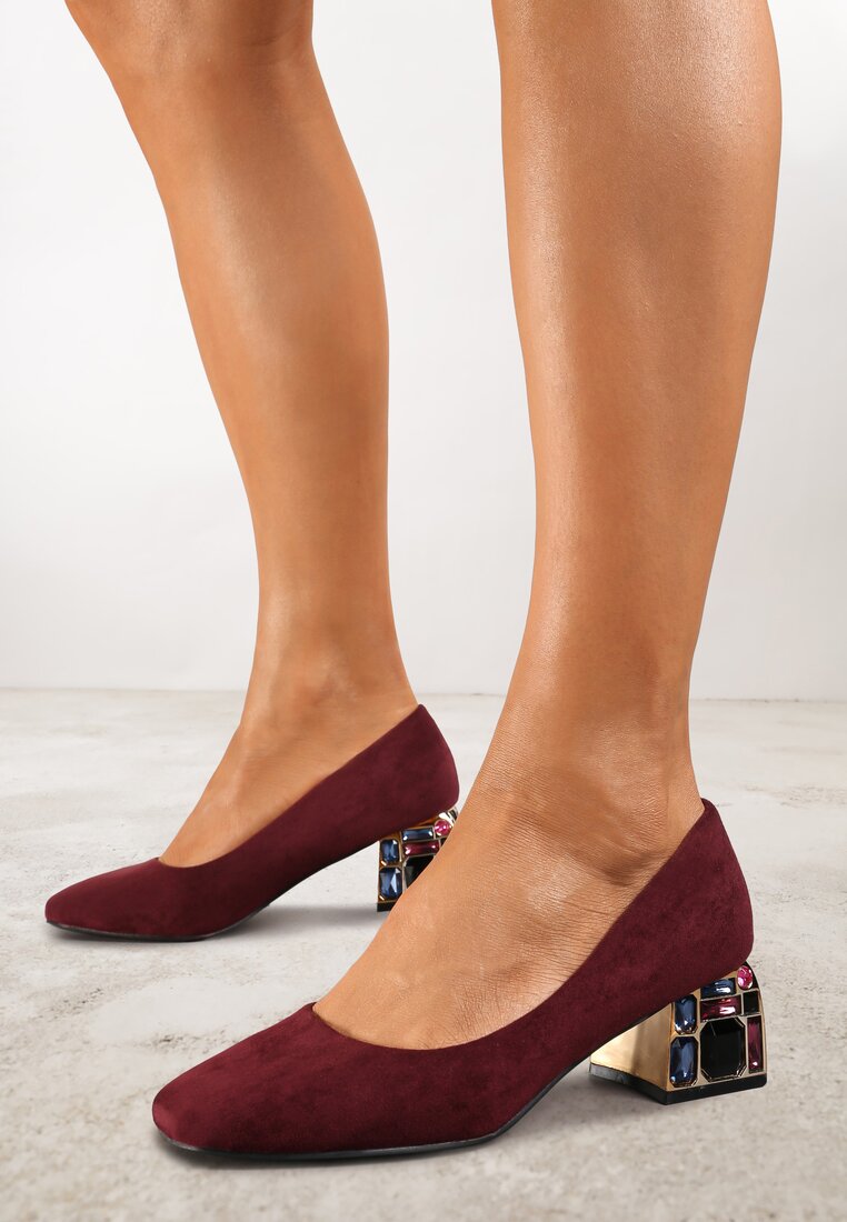 Pantofi cu toc gros Bordeaux decorate cu cristale cu branț din piele Ovirora