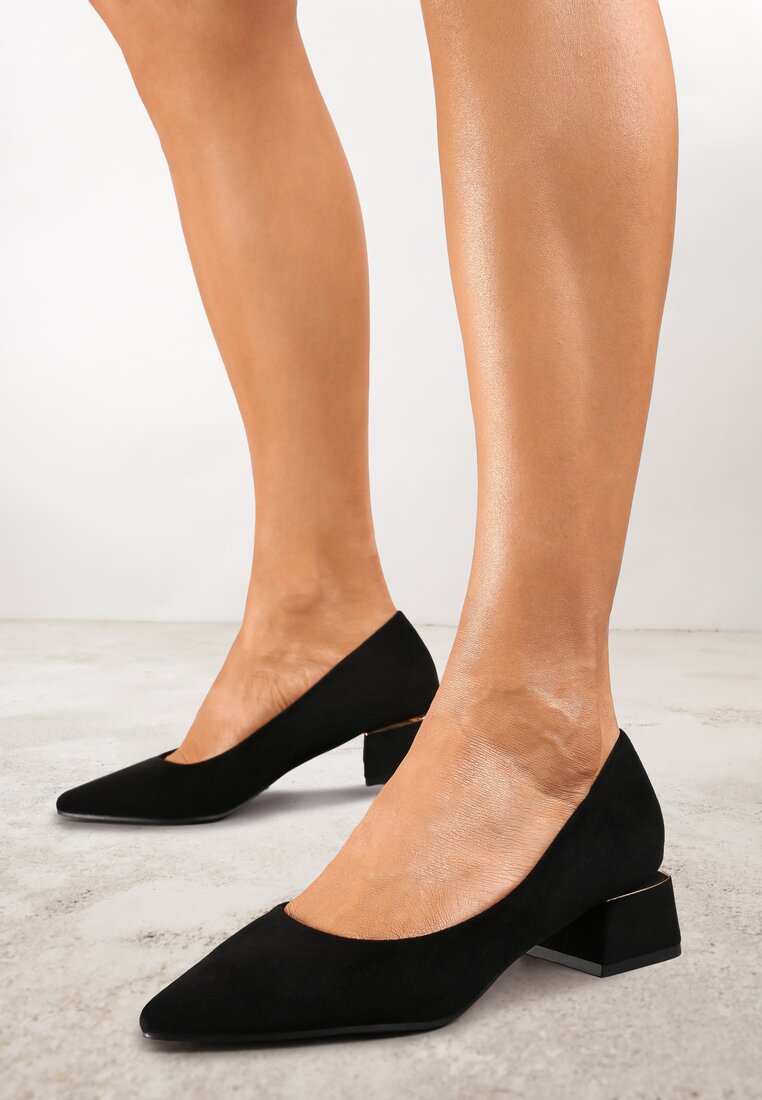 Pantofi cu toc negri cu toc gros, cu branț din piele naturală și cu vârf ascuțit Tialani