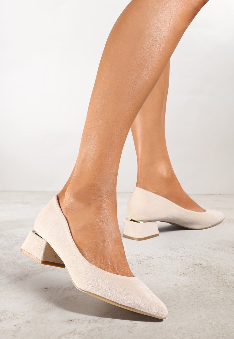 Pantofi cu toc Bej cu toc gros, cu branț din piele naturală și vârf ascuțit Tialani