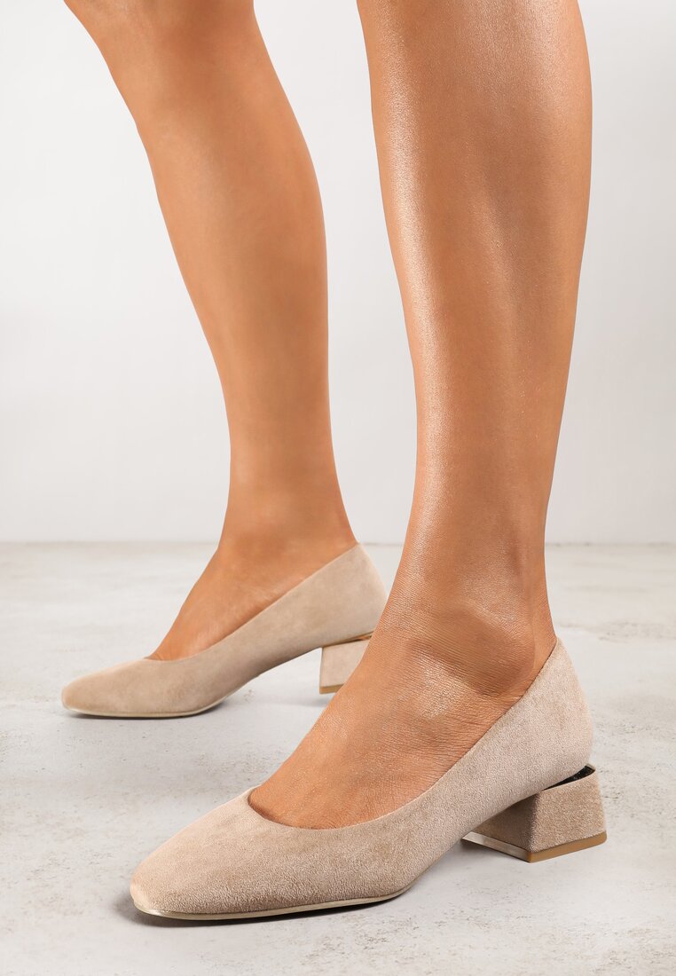 Pantofi cu toc Bej închis cu Branț din Piele Naturală și Inserție Metalică Sariann