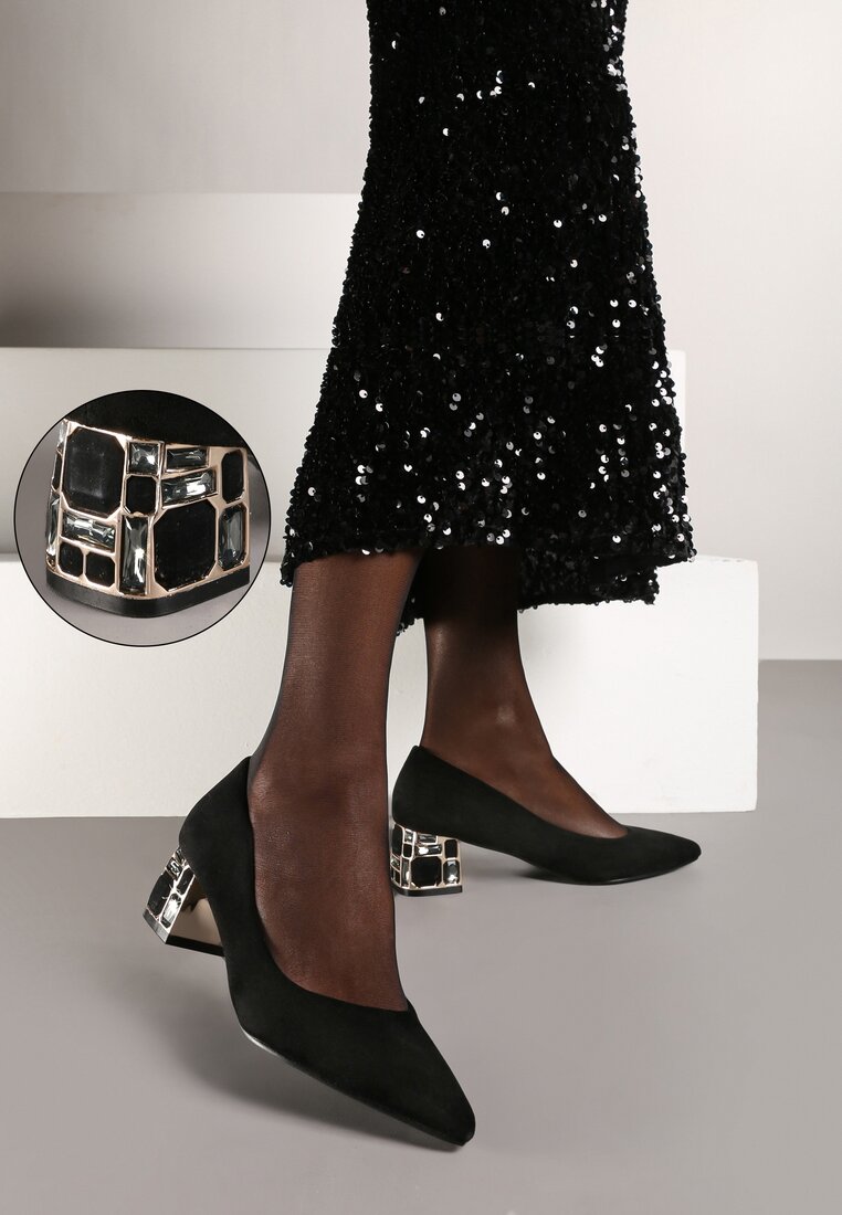 Pantofi cu toc Negri Vices cu toc gros ornamentați cu pietre cu branț de piele Savelia