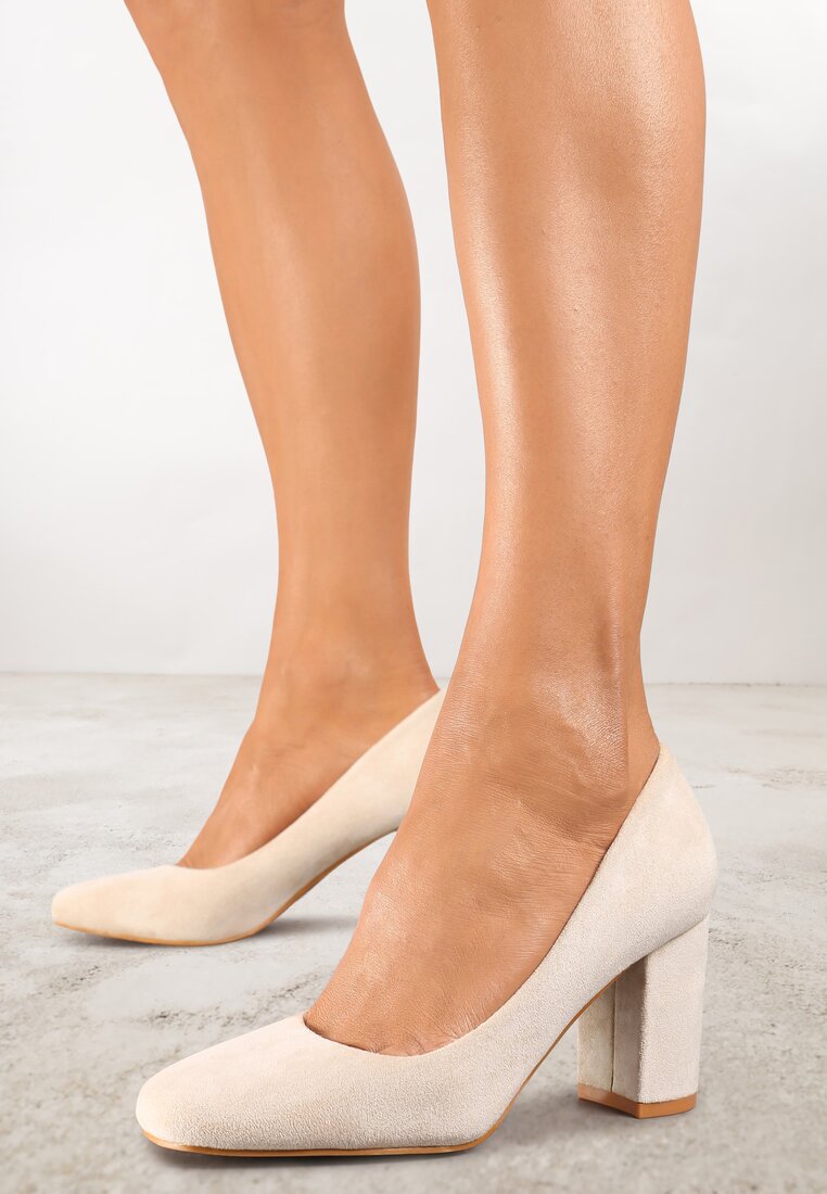 Pantofi eleganți Casual Bej cu toc bloc cu branț din piele Maicie