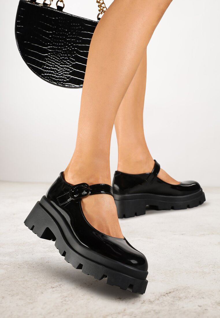 Pantofi Negri Lăcuiți cu Platformă și Toc Gros în stil Mary Jane Omela