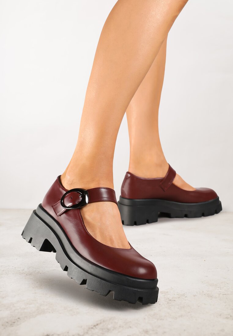 Pantofi Bordeaux pe Platformă în Stil Mary Jane Decorați cu Cataramă Metalică Zinida