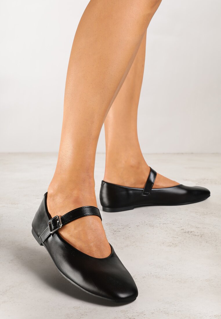 Balerini Negri cu Talpă Plată în Stil Mary Jane Decorate cu Vârf Pătrat Treloma