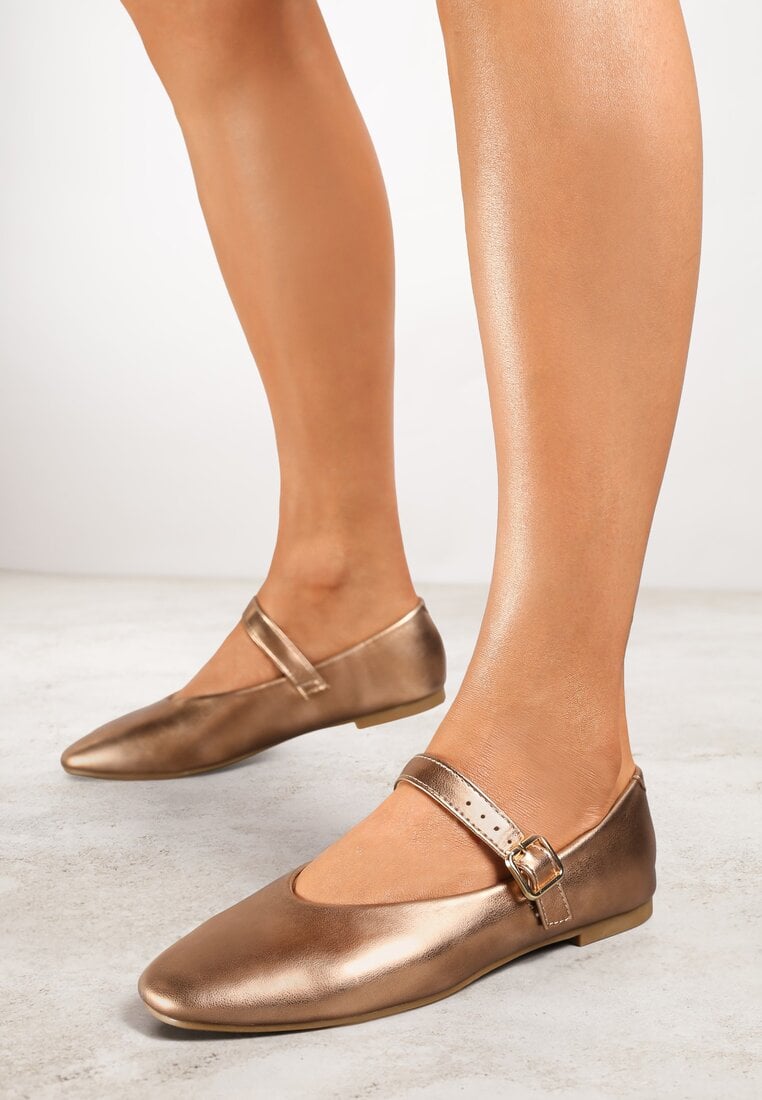 Balerini Șampanie cu Talpă Plată Stil Mary Jane Decorați cu Vârf Pătrat Treloma