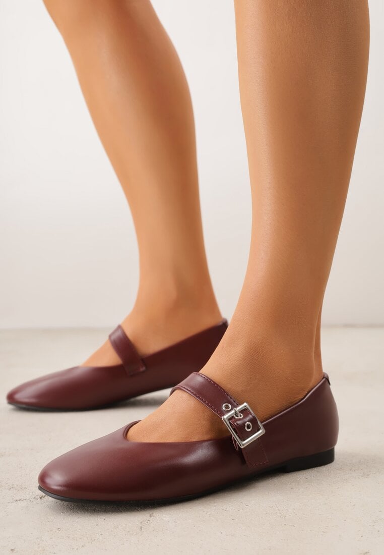 Balerini Bordeaux pe talpă plată Mary Jane decorate cu baretă cu cataramă Fareloma