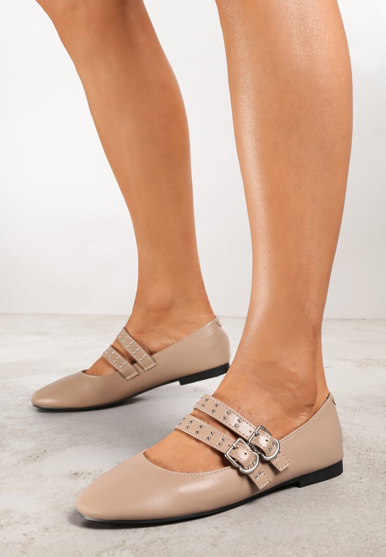 Balerini Bej închis Vices în stil rock cu barete și catarame Kikirae