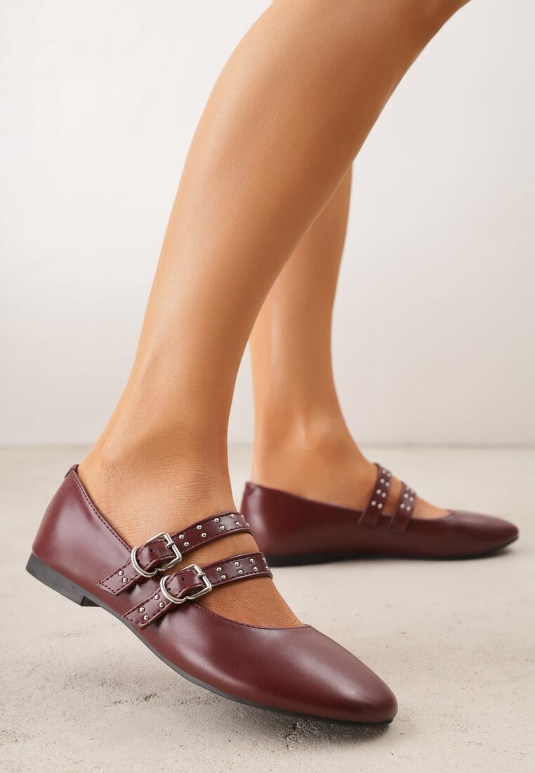 Balerini Bordo Vices în stil rock cu curele și catarame Kikirae