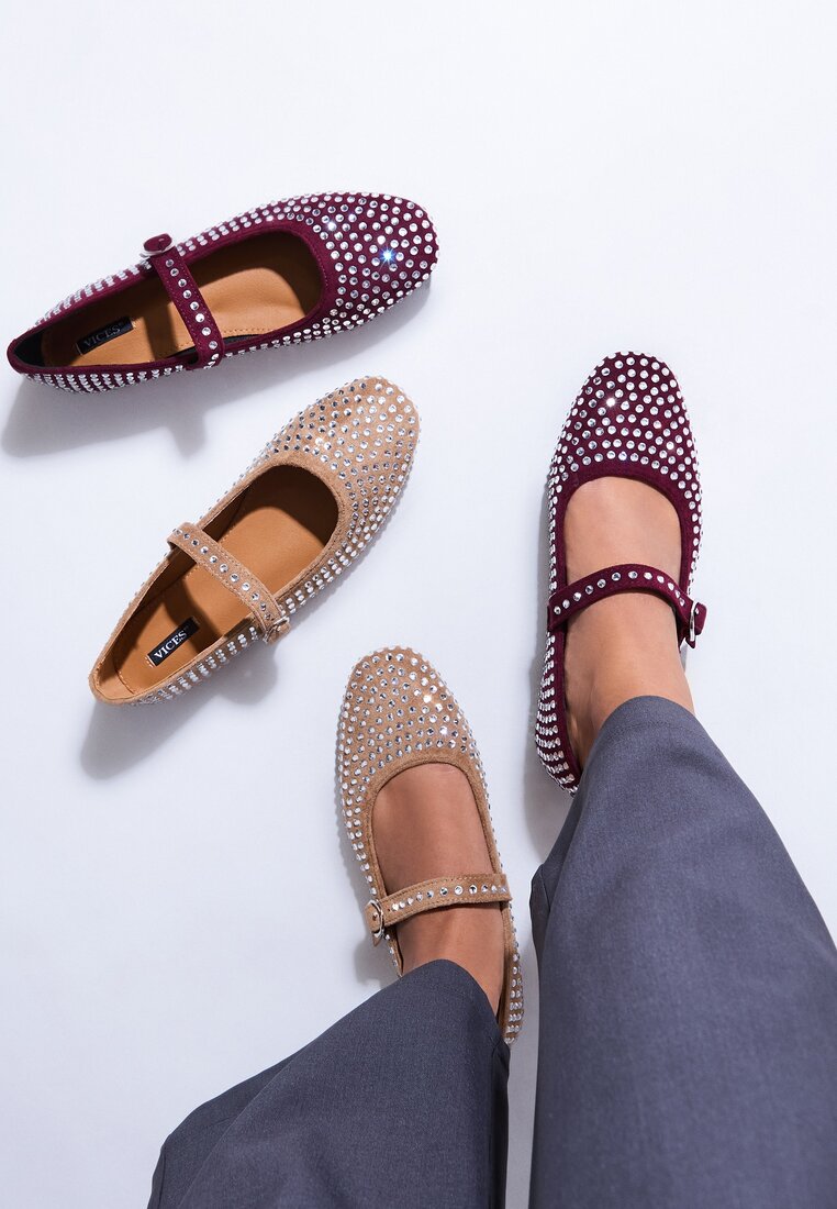 Balerini Bordo cu talpă plată Mary Jane cu Zirconii Jomelia