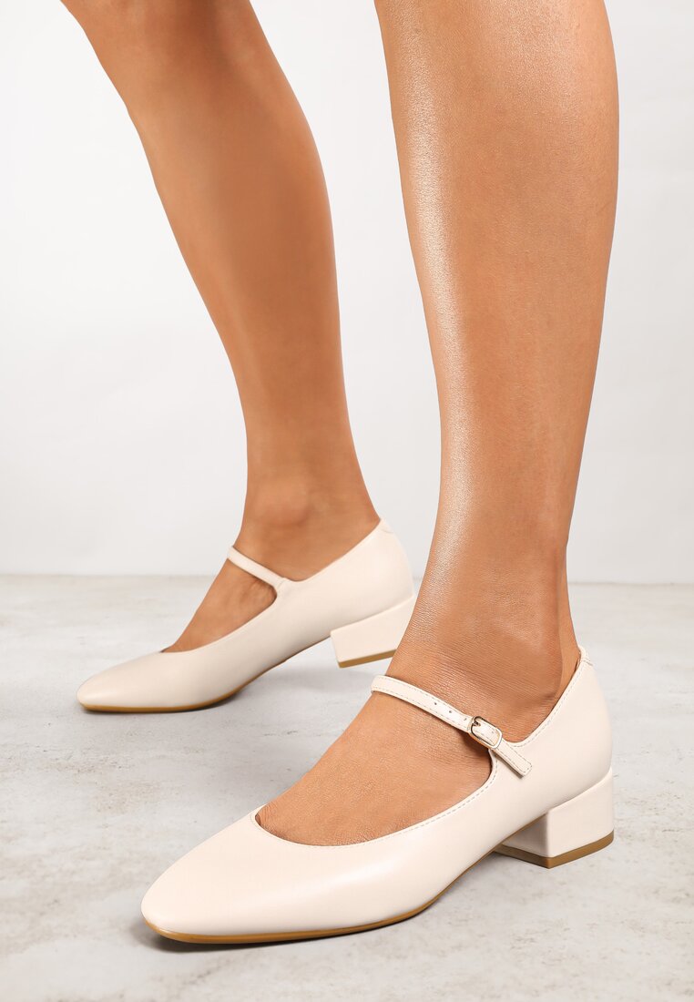 Pantofi cu toc gros Bej Mary Jane Decorați cu barete Omevira