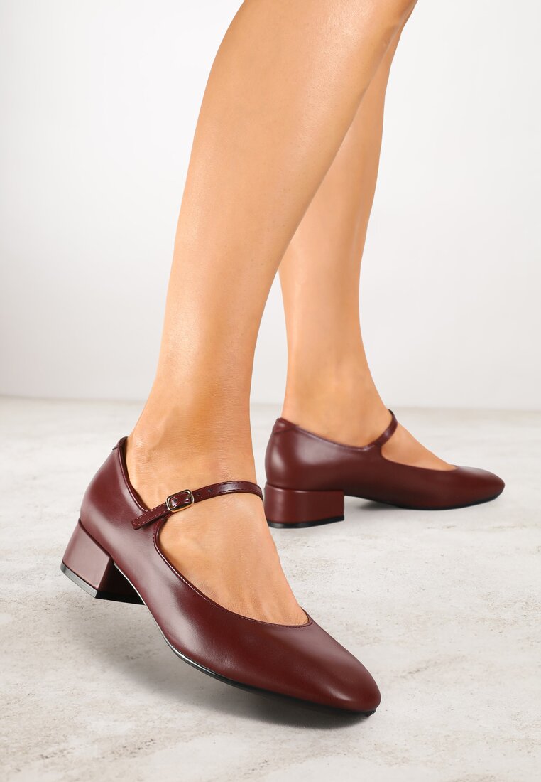 Pantofi Bordo cu toc gros Mary Jane Decorați cu barete Omevira
