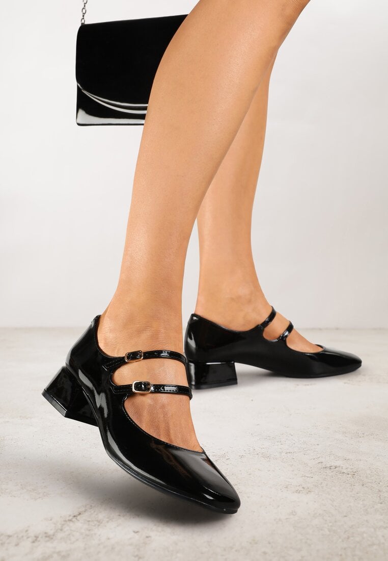 Pantofi cu toc Negre Lăcuite cu toc gros cu barete cu catarame Omeisa