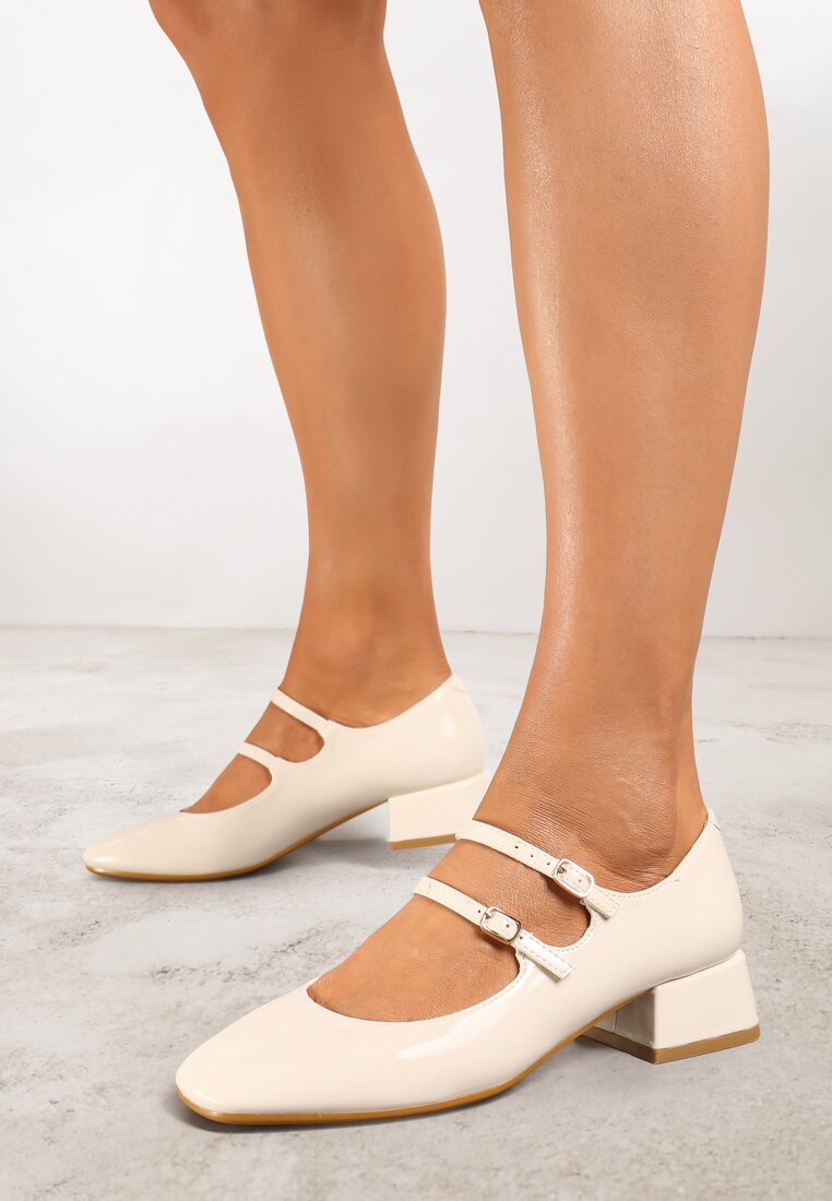 Pantofi Bej Lăcuiți cu toc gros cu barete cu catarame Omeisa