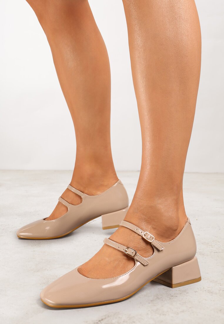 Pantofi cu toc bej închis lăcuiți cu toc gros cu barete cu catarame Omeisa
