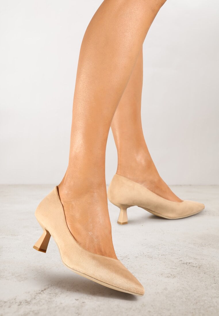 Pantofi cu toc Bej închis din piele întoarsă ecologică Vices cu toc pisicuță și branț din piele naturală Etaris