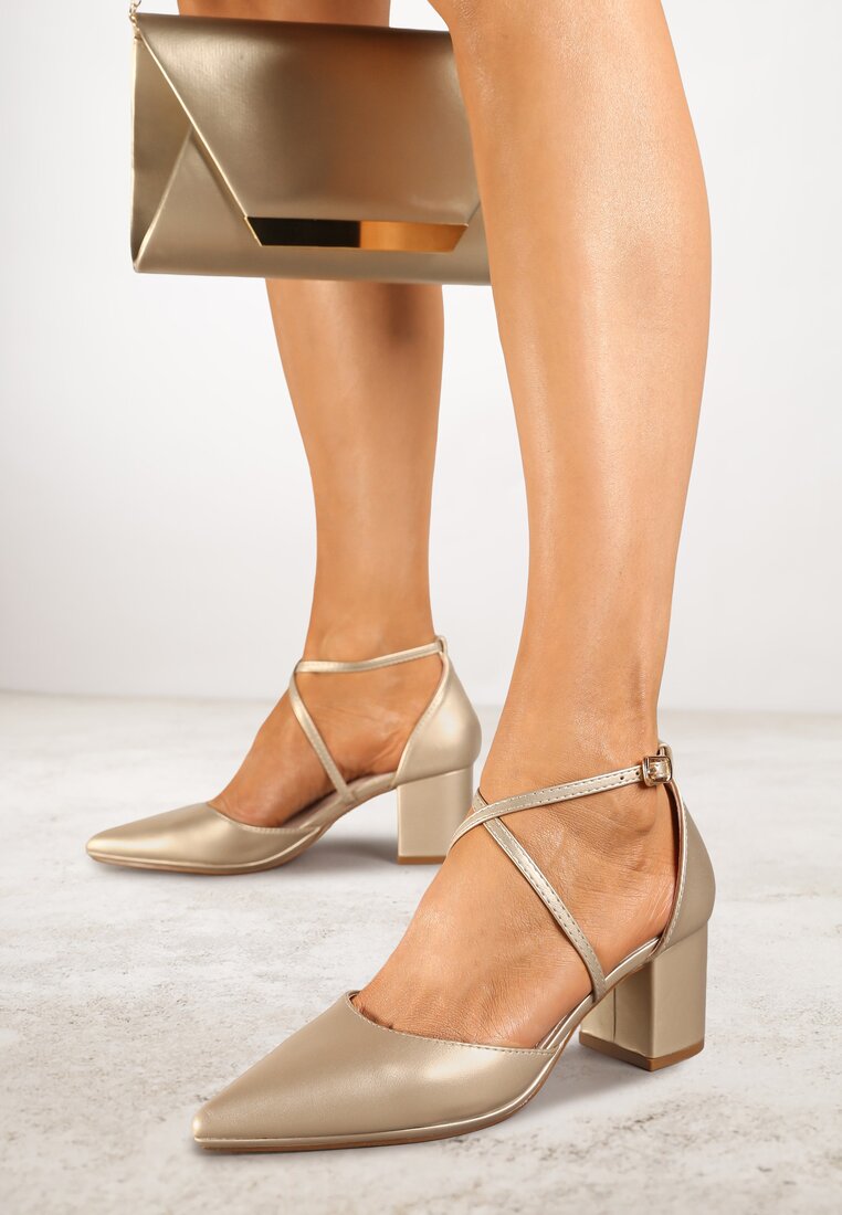 Pantofi cu toc Aurii Vices cu toc bloc cu branț din piele naturală și curele decorative Lizzetta