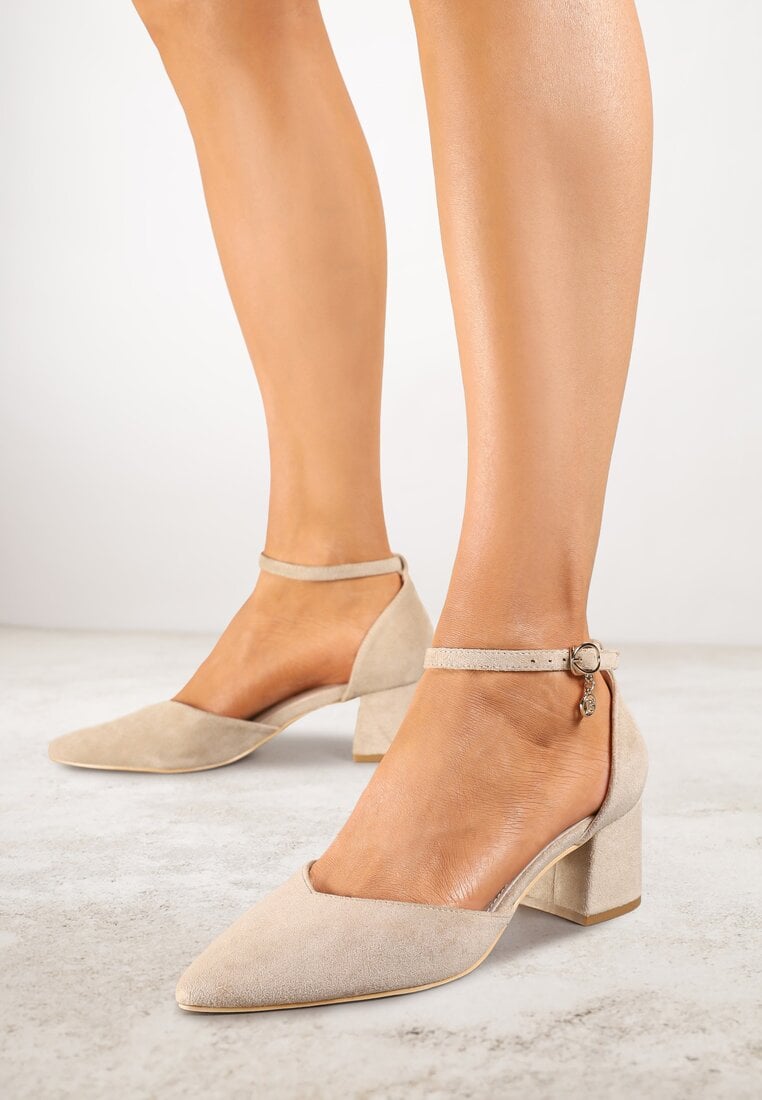 Escarpeni Bej închis Vices cu toc gros, cu branț din piele și cu ornament la curea Lilria