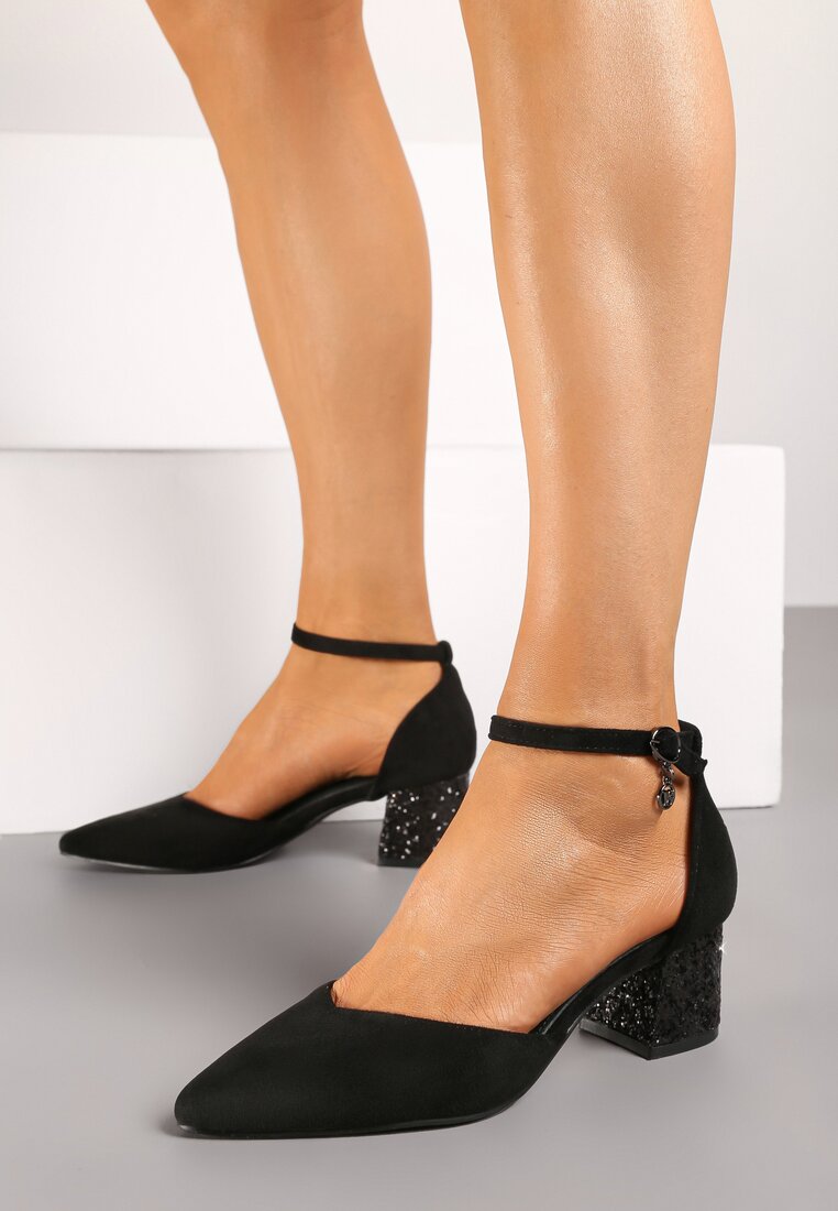 Pantofi cu toc Negri Vices cu toc gros cu branț din piele și toc cu sclipici Lilria