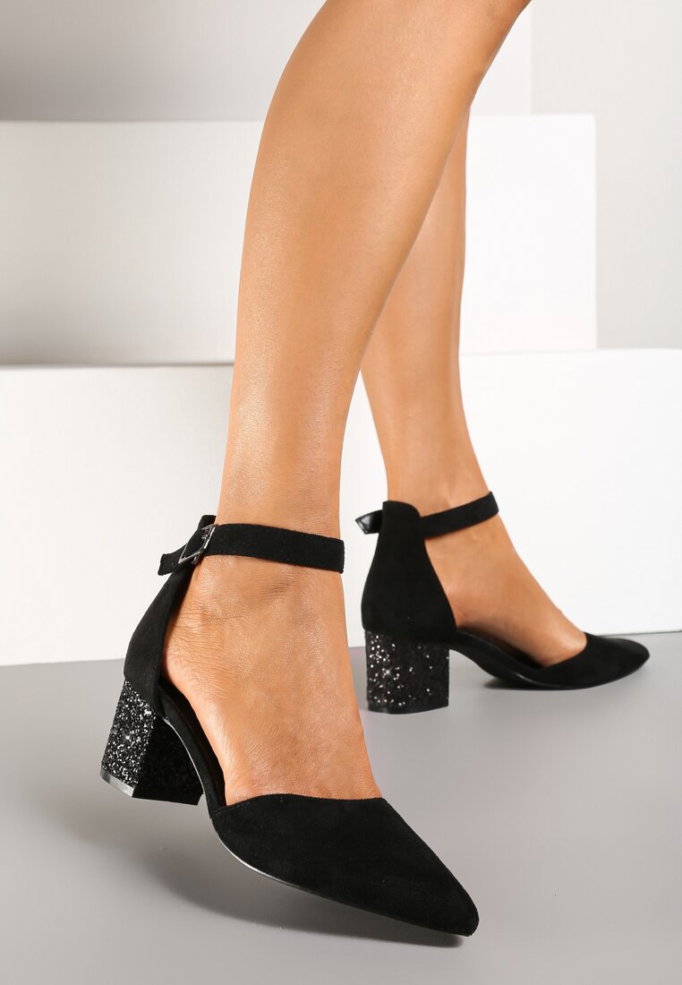 Pantofi cu toc Negre Vices cu toc sclipitor cu branț din piele decorate cu sclipici Leanelith