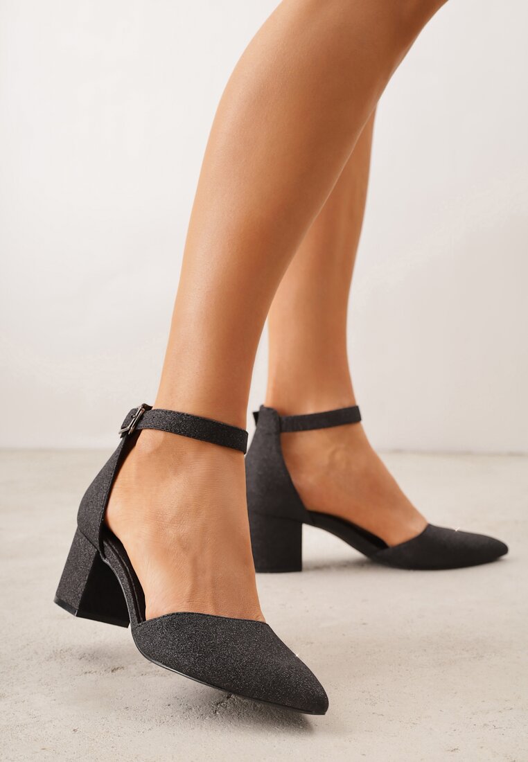 Pantofi cu toc Negre Vices Decorate cu sclipici cu toc gros cu branț din piele Decorate cu sclipici Leanelith