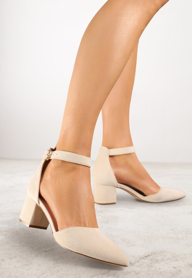 Pantofi eleganți Bej cu toc gros Vices cu branț din piele și cu baretă la gleznă Nurilora