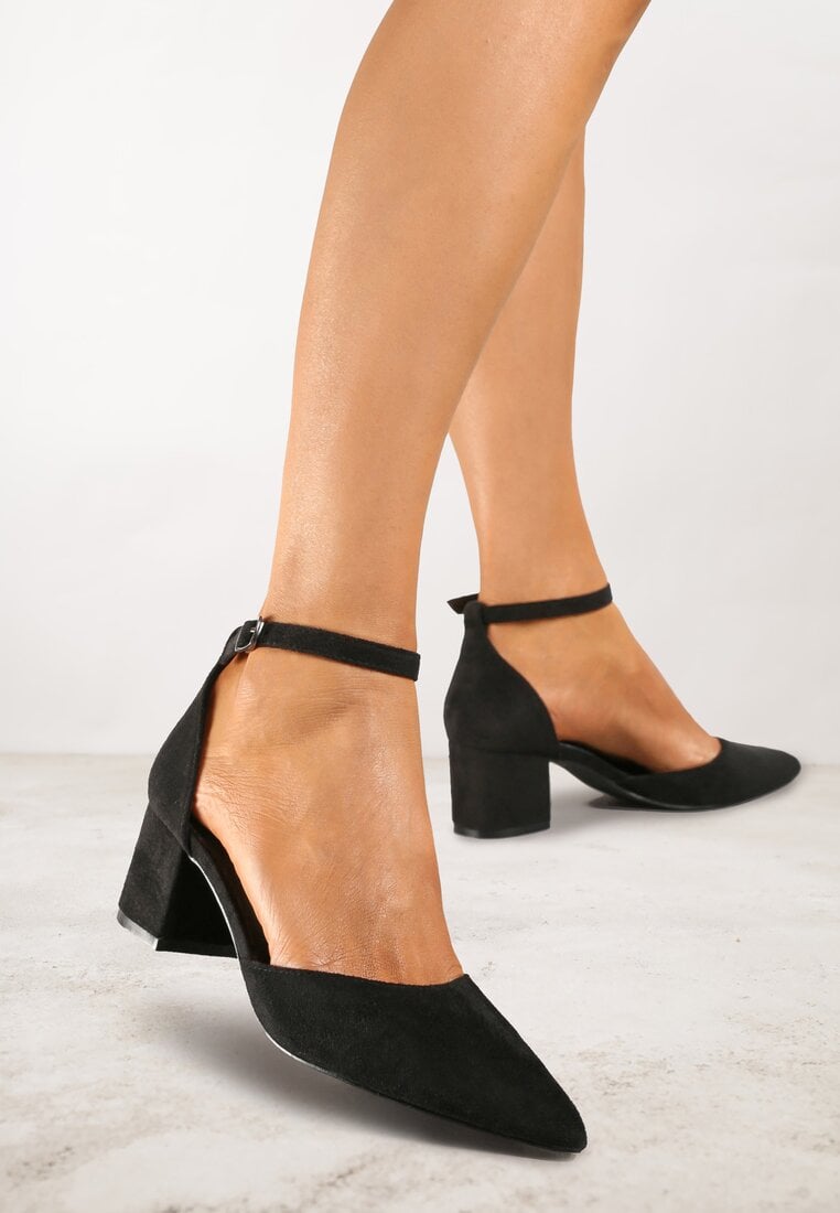 Pantofi cu toc negri Vices cu toc gros cu branț din piele naturală Seathra