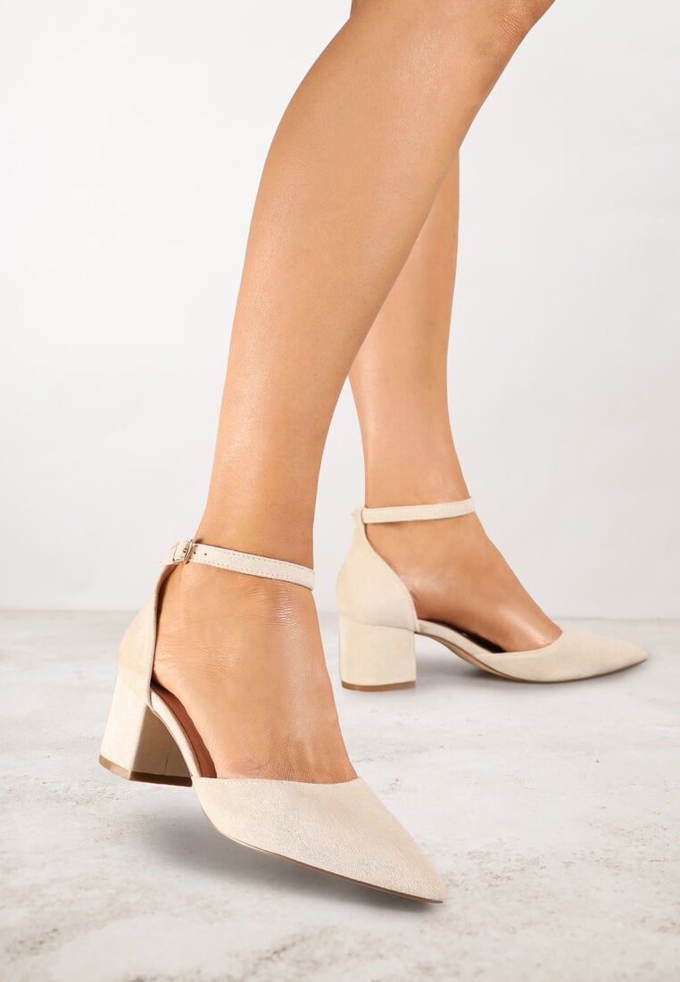 Pantofi eleganți bej Vices cu toc gros cu branț din piele naturală Seathra