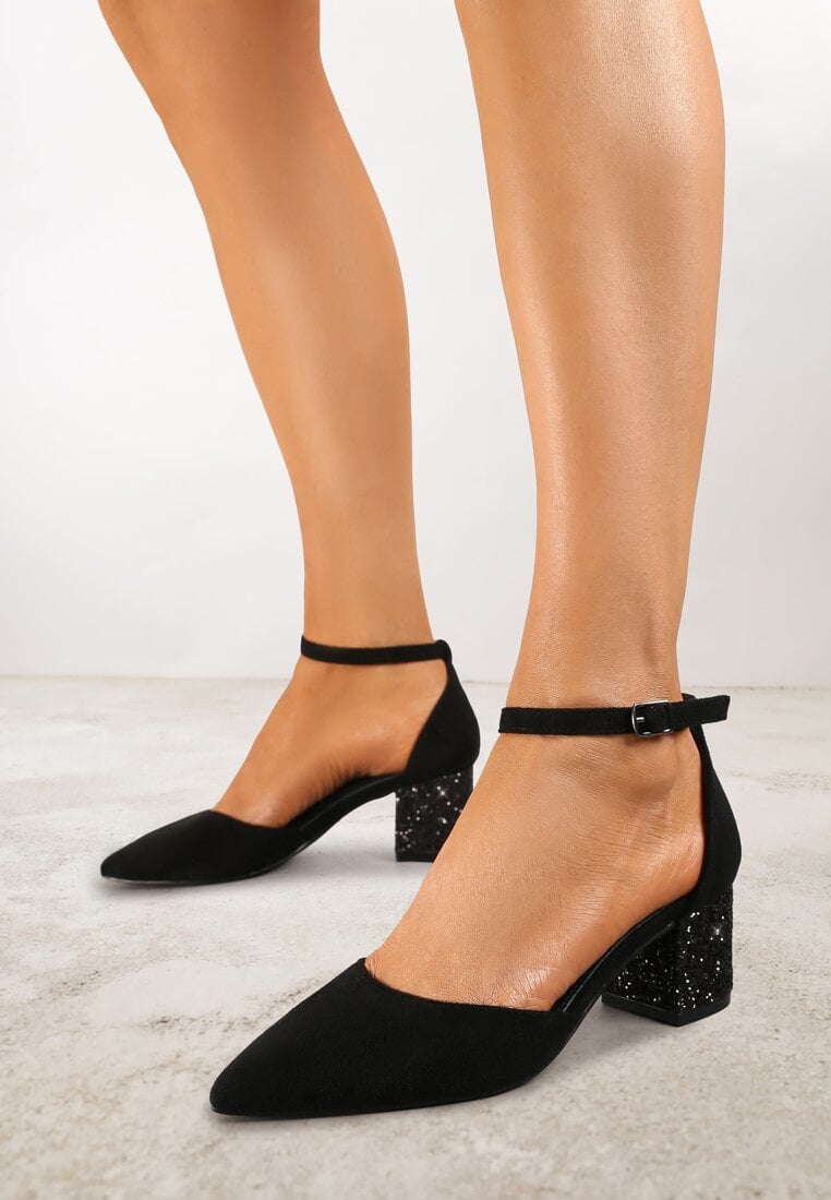 Pantofi cu toc Negri Vices pe toc gros brocat cu brant din piele naturală Seathra