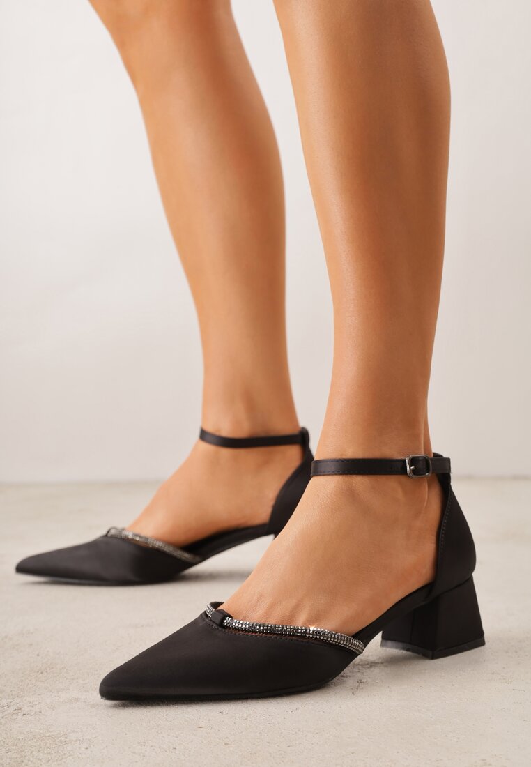 Pantofi stiletto Negri de Satin Vices cu Toc Gros cu Branț din Piele Naturală și Zirconii Learetha