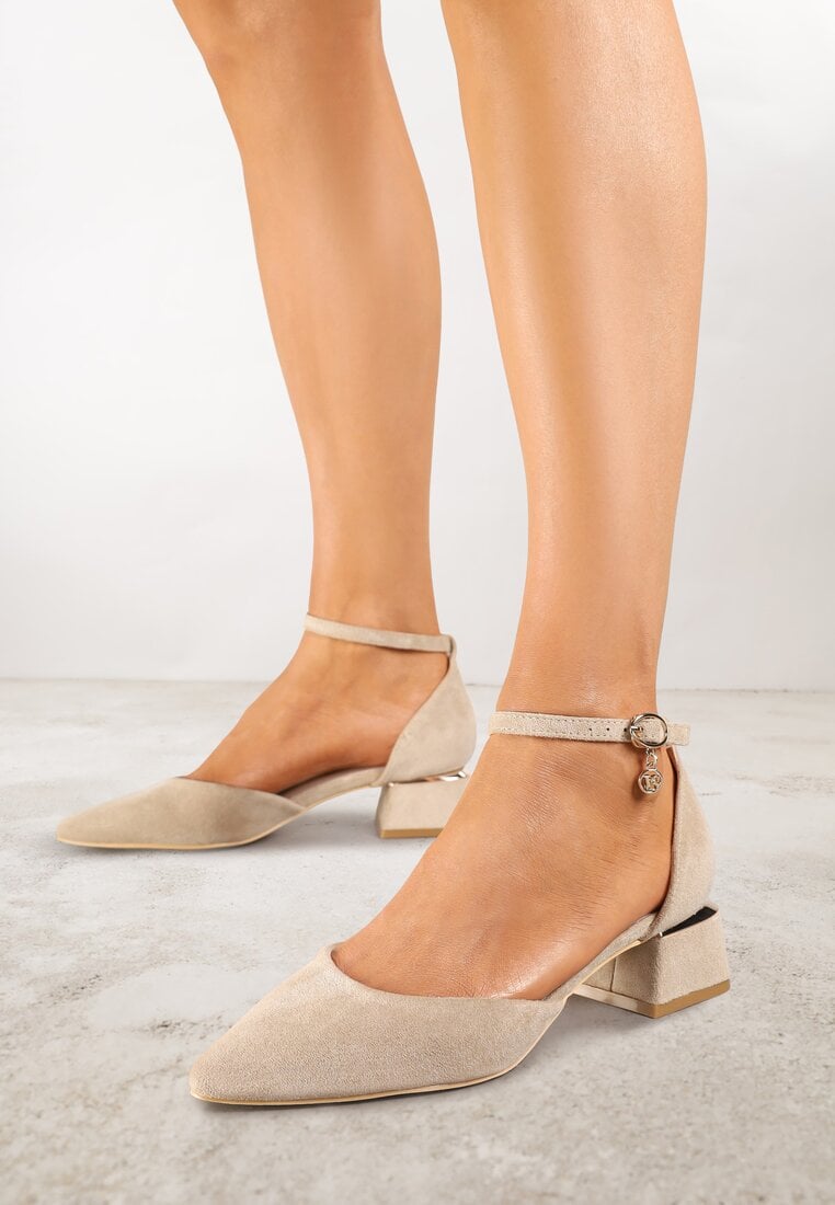 Pantofi Bej închis Vices pe toc bloc cu branț din piele naturală și curea în jurul gleznei Zolori