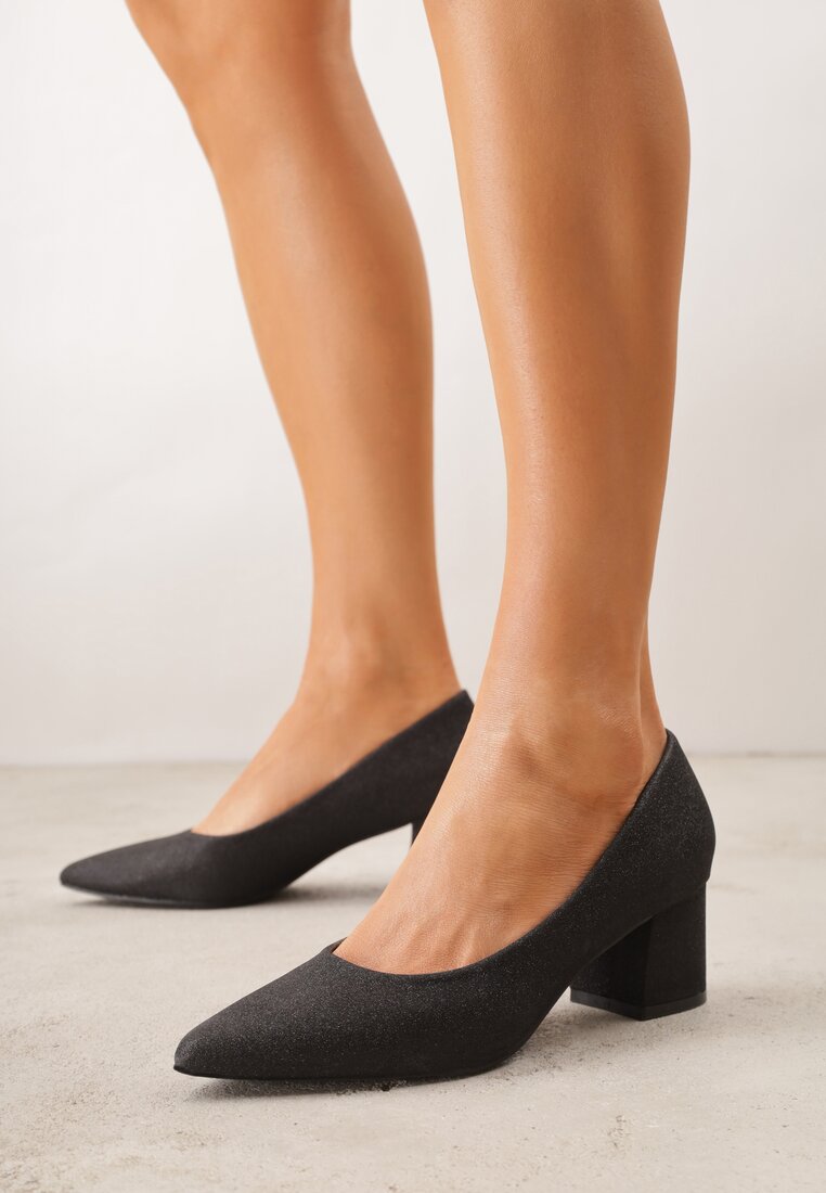 Pantofi cu toc Negre Vices cu toc gros cu sclipici cu branț din piele Izahelia