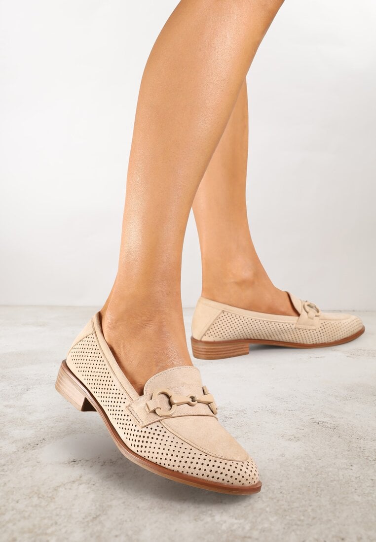 Mocasini Bej Vices cu Perforație cu Branț din Piele Naturală Felithria