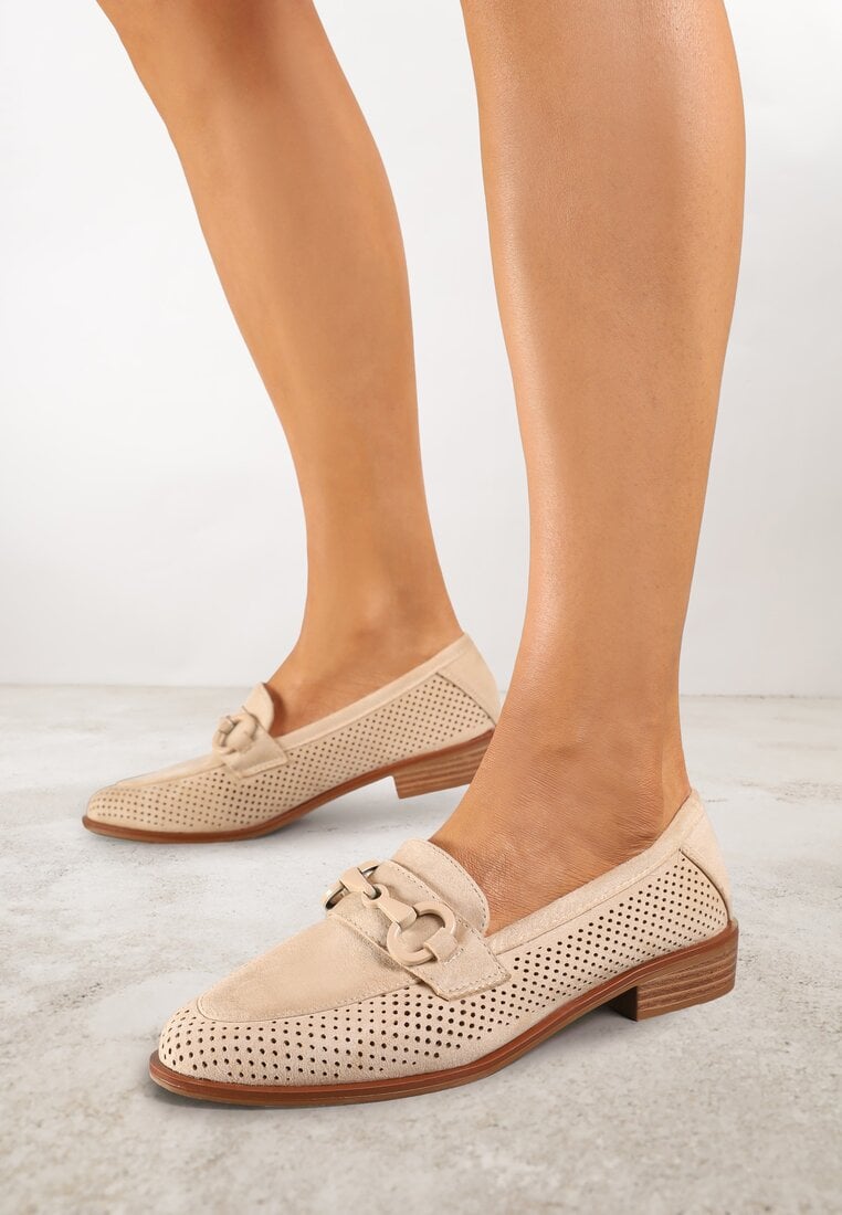 Mocasini Bej închis Vices cu Perforații cu Branț din Piele Naturală Felithria