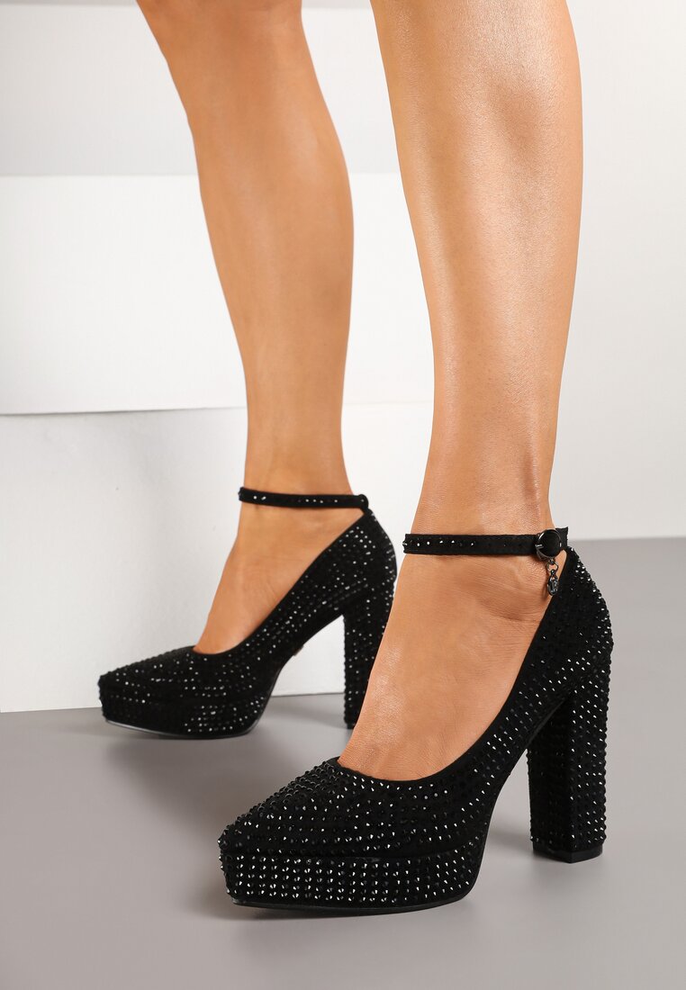 Pantofi cu toc negri Vices pe toc bloc și platformă cu branț din piele naturală decorate cu paiete și aplicație Liliwen