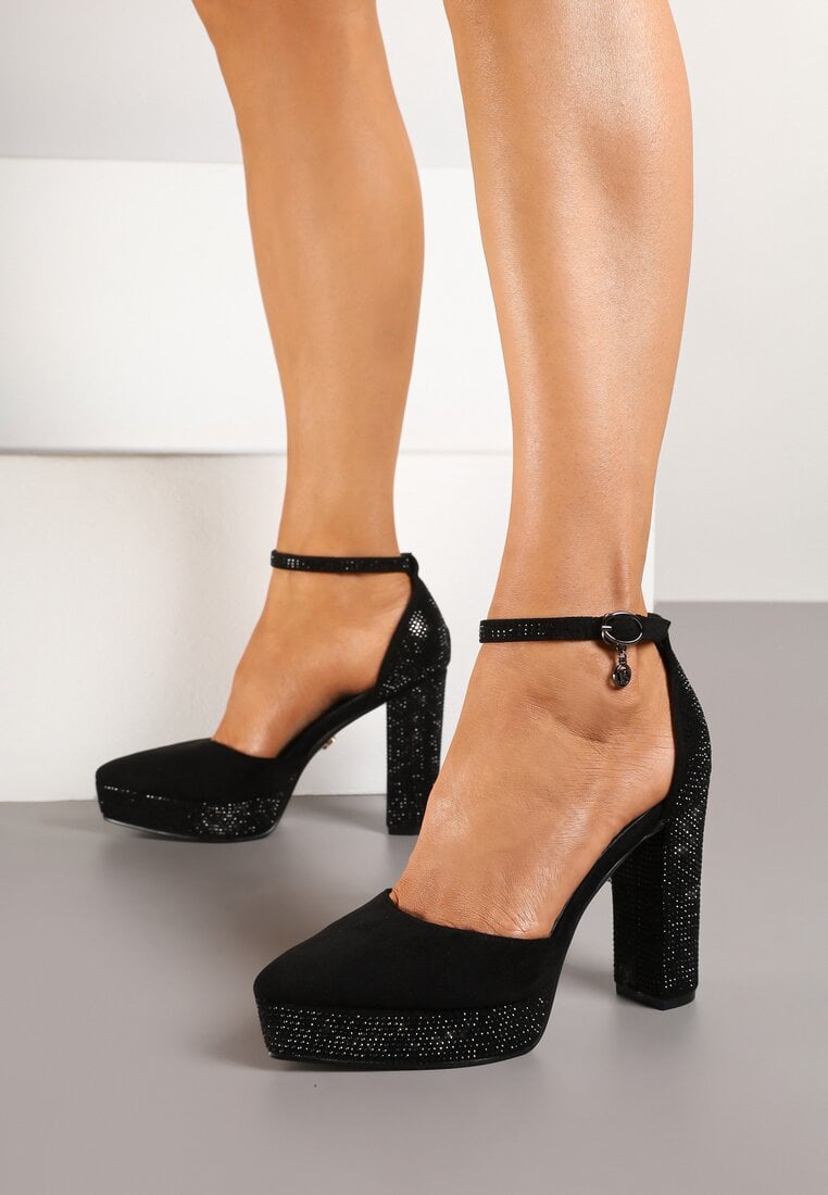 Pantofi cu toc negri Vices cu toc gros cu paiete, cu branț din piele naturală și aplicație metalică Tinnova