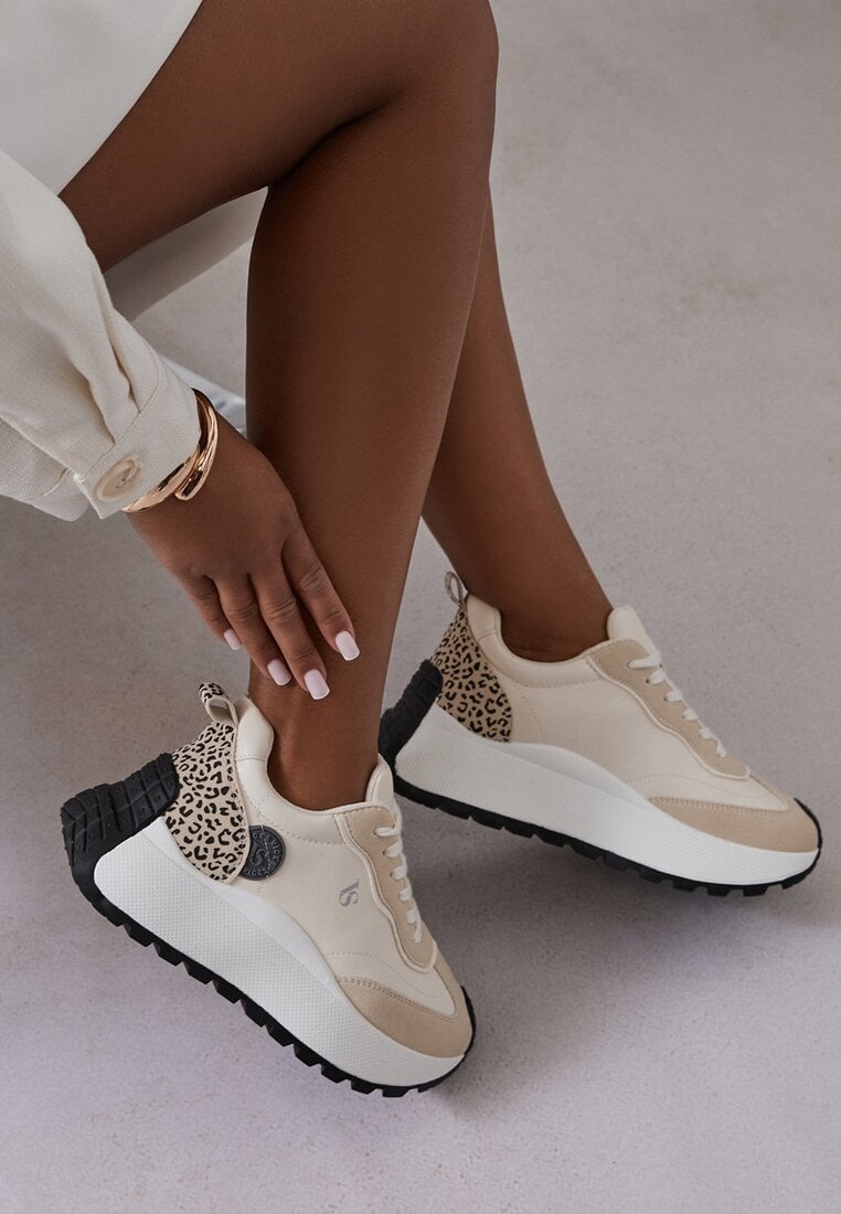 Adidași bej Vices pe platformă decorați cu aplicație și imprimeu leopard Selothiel
