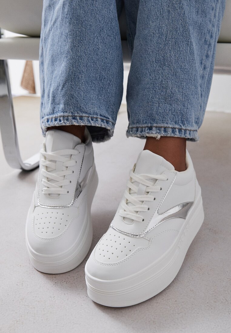 Sneakers Alb-Argintii cu șireturi Vices pe platformă cu benzi metalice Neliawen