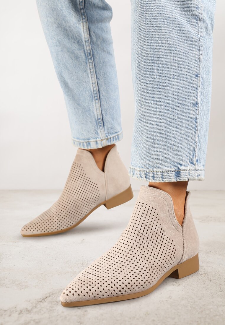 Botine Plate Bej deschis Vices cu carâmb ajurat Decorate cu decupaj Selanis
