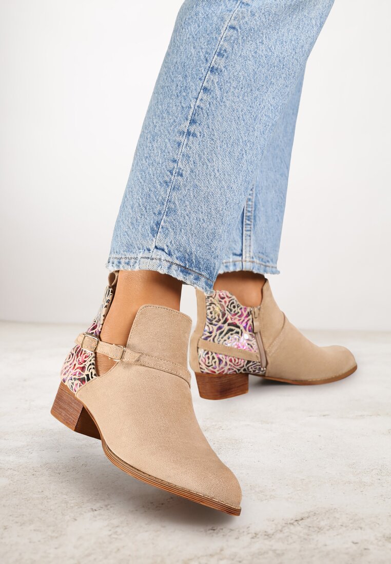 Botine Bej Vices cu toc gros Decorate cu flori Selianor