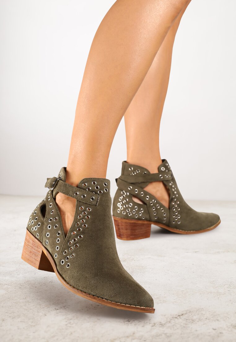 Botine Verzi Vices cu toc bloc în stil cowboy cu aplicații metalice și decupaje Virori