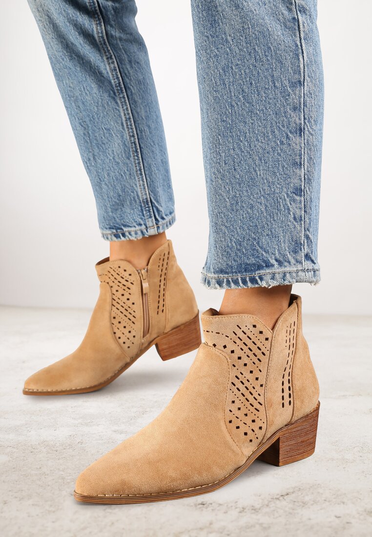 Botine bej închis cowboy Vices cu toc bloc cu carâmb ajurat Selahra