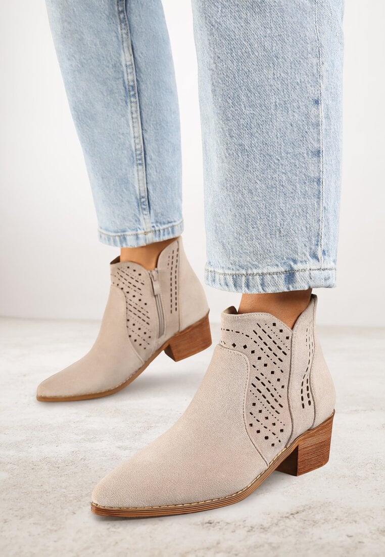 Botine cowboy bej deschis Vices pe toc bloc cu carâmb ajurat Selahra