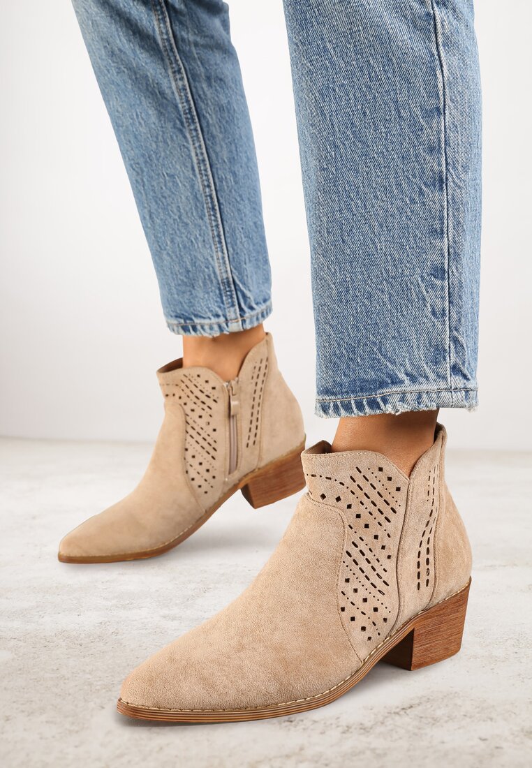 Botine Bej Cowboy Vices cu Toc gros cu Tiv ajurat Selahra