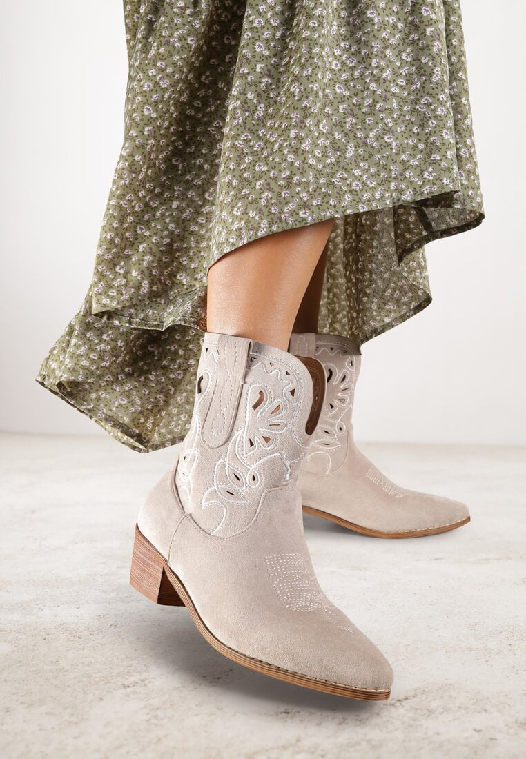 Botine Cowboy Bej deschis Vices cu toc gros Decorate cu broderie Nelithen
